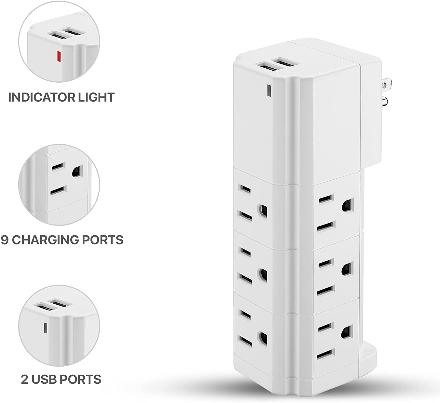 Multi-Plug Surge Protector Wall Adapter - 9 Outlets & 2 USB Ports