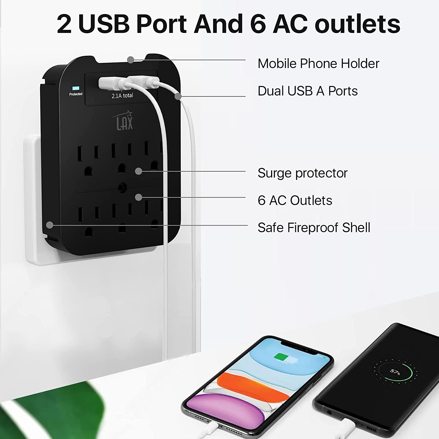 Multi-Plug Surge Protector with 6 Wall Outlets & 2 USB Ports