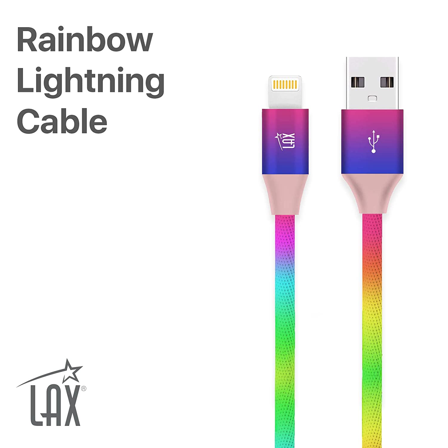 Lax Gadgets Apple MFi Certified Durable Braided Lightning Charging Cable for iPhone - Rainbow (Blue) - 6ft