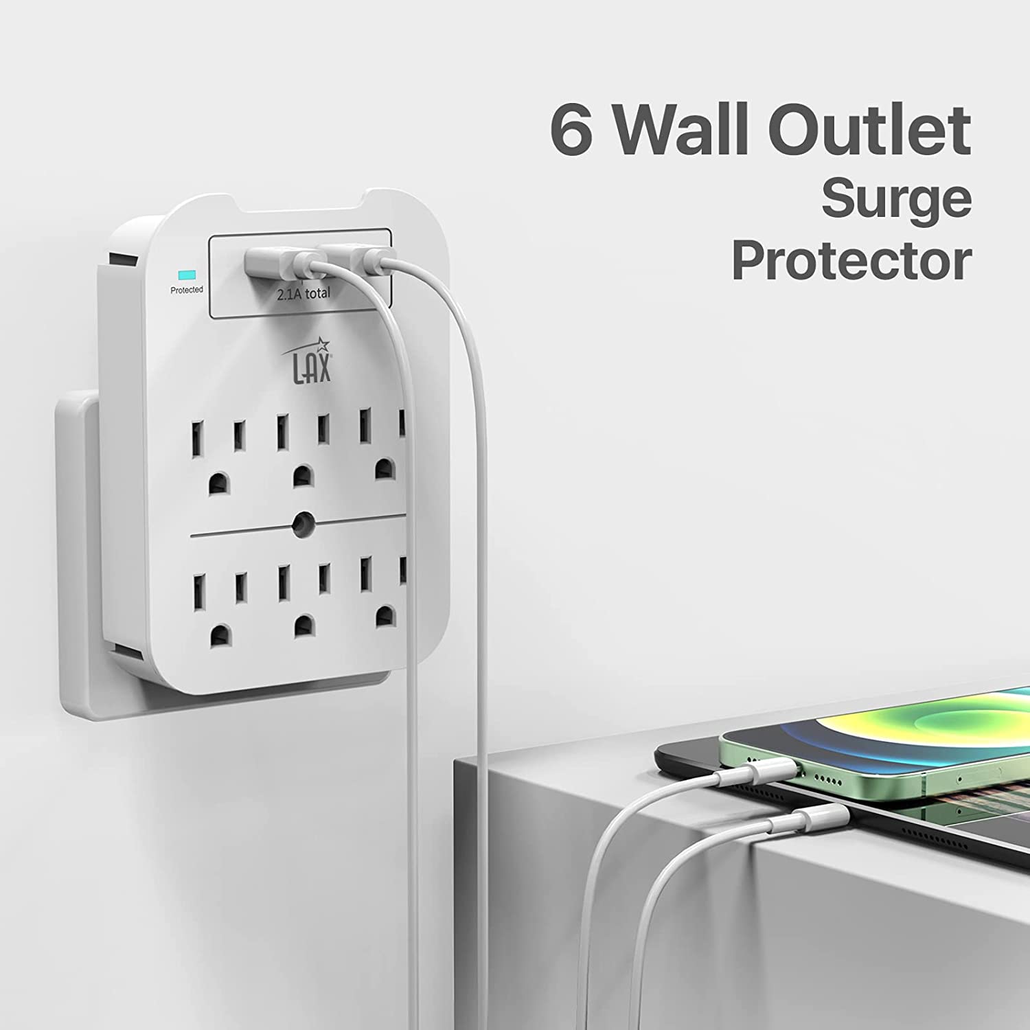 Multi-Plug Surge Protector with 6 Wall Outlets & 2 USB Ports