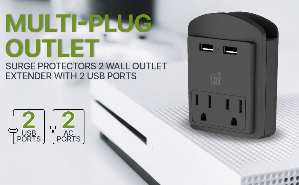 Multi-Plug Surge Protector with 2 Wall Outlet Extender & 2 USB Ports