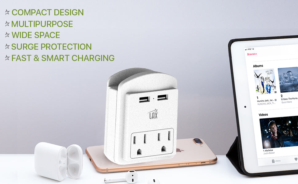 Multi-Plug Surge Protector with 2 Wall Outlet Extender & 2 USB Ports