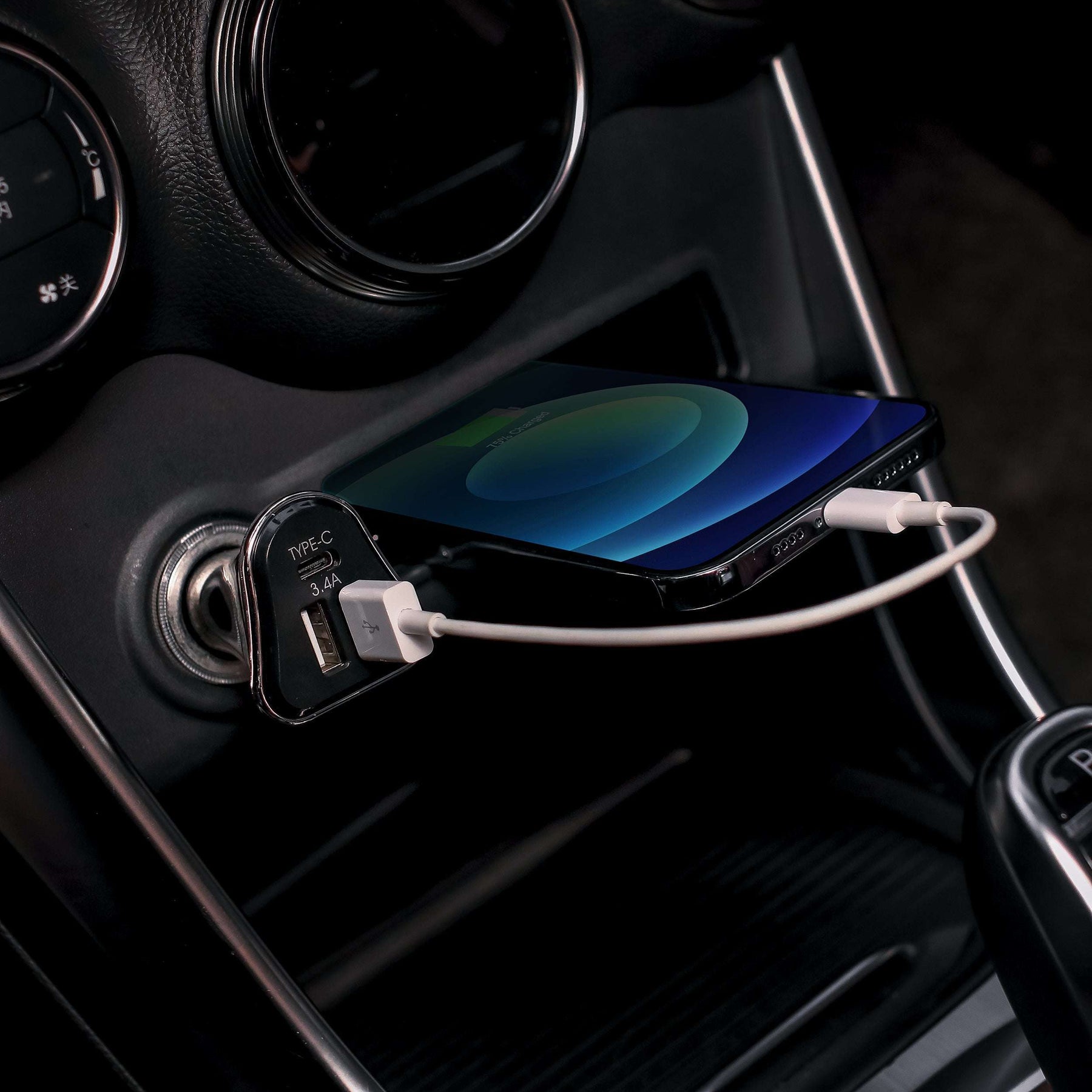 3-Port Car Charger with 2 USB Ports and 1 USB-C Port