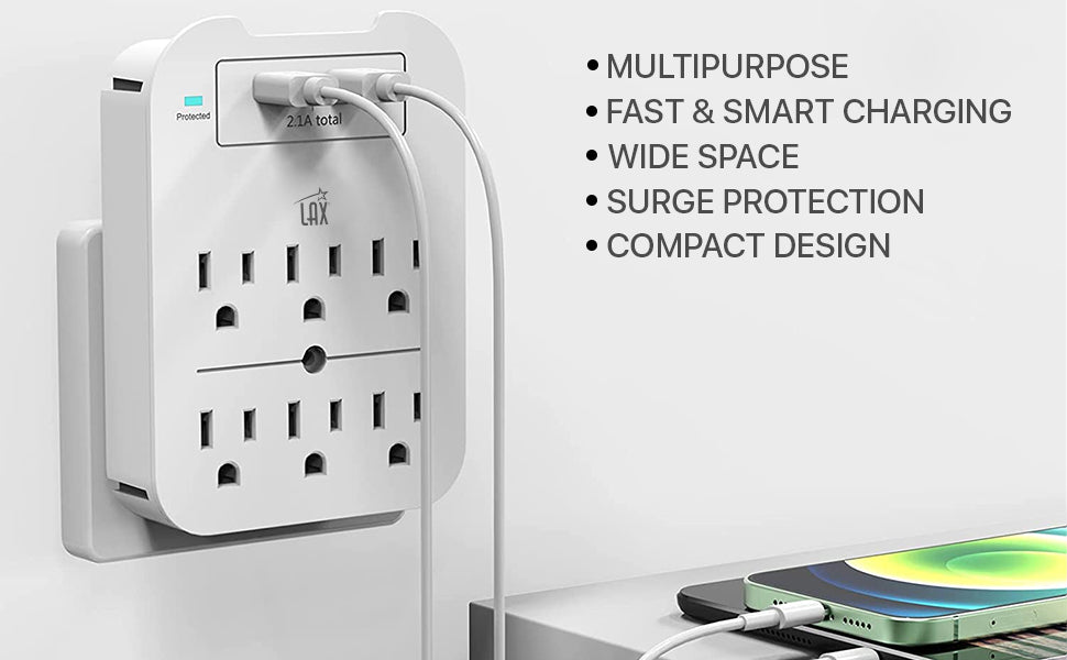 Multi-Plug Surge Protector with 6 Wall Outlets & 2 USB Ports