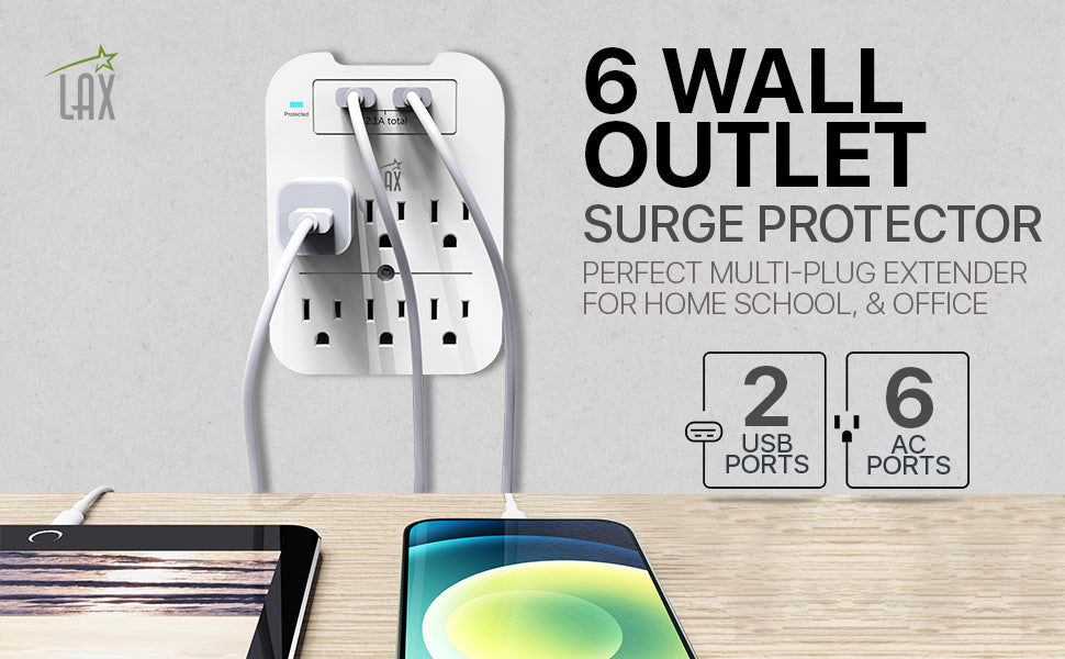 Multi-Plug Surge Protector with 6 Wall Outlets & 2 USB Ports