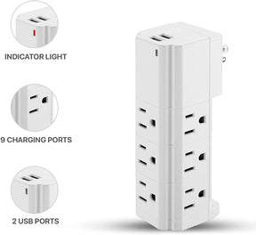Multi-Plug Surge Protector Wall Adapter - 9 Outlets & 2 USB Ports