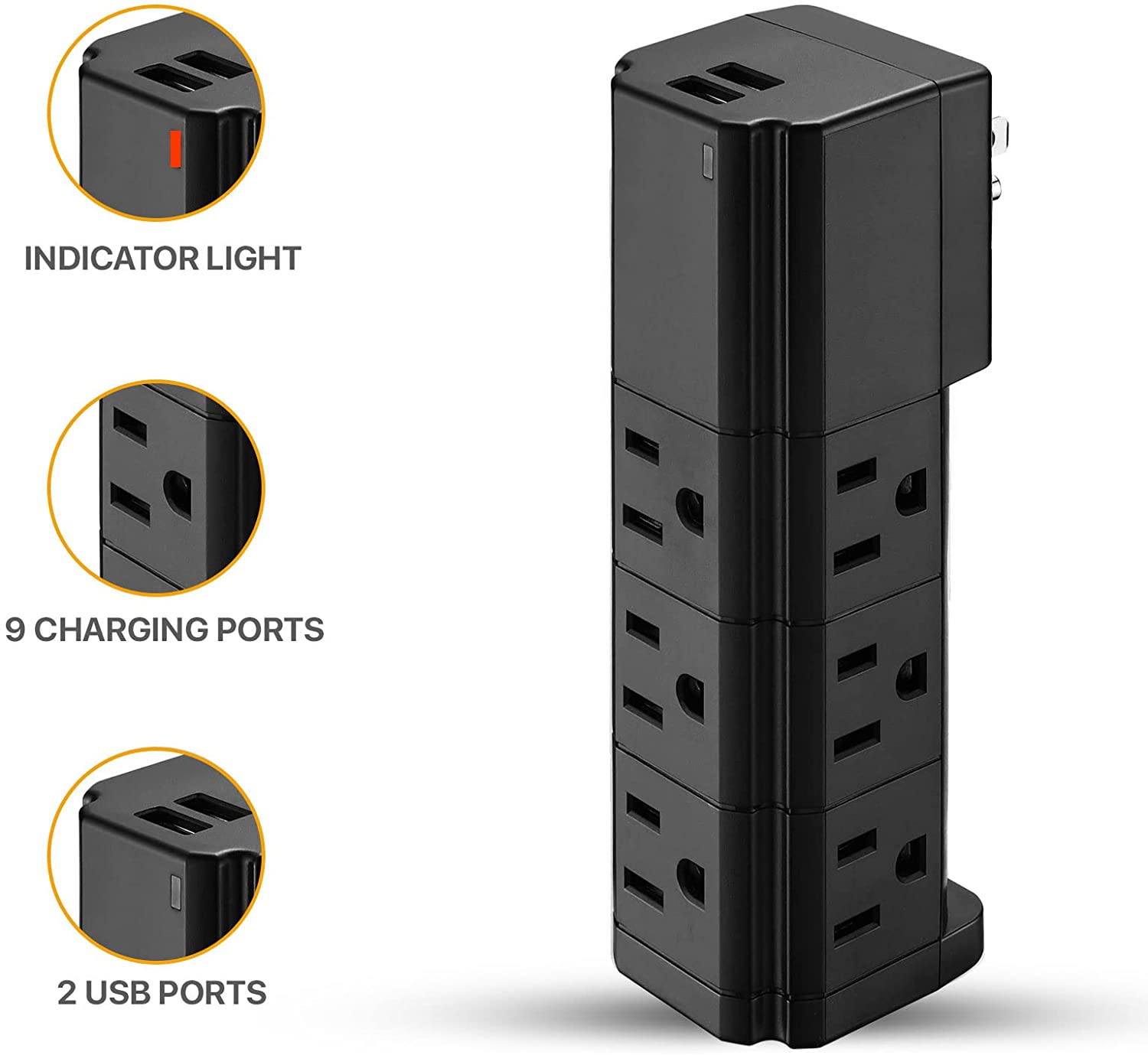 Multi-Plug Surge Protector Wall Adapter - 9 Outlets & 2 USB Ports