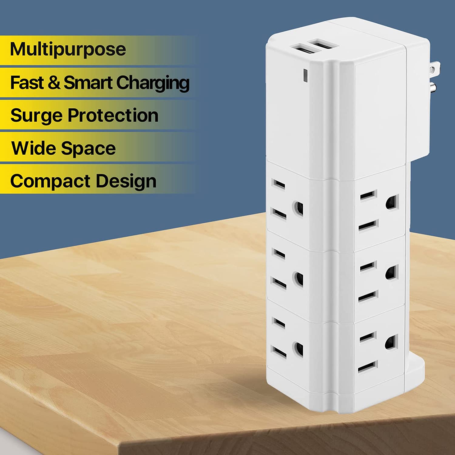 Multi-Plug Surge Protector Wall Adapter - 9 Outlets & 2 USB Ports