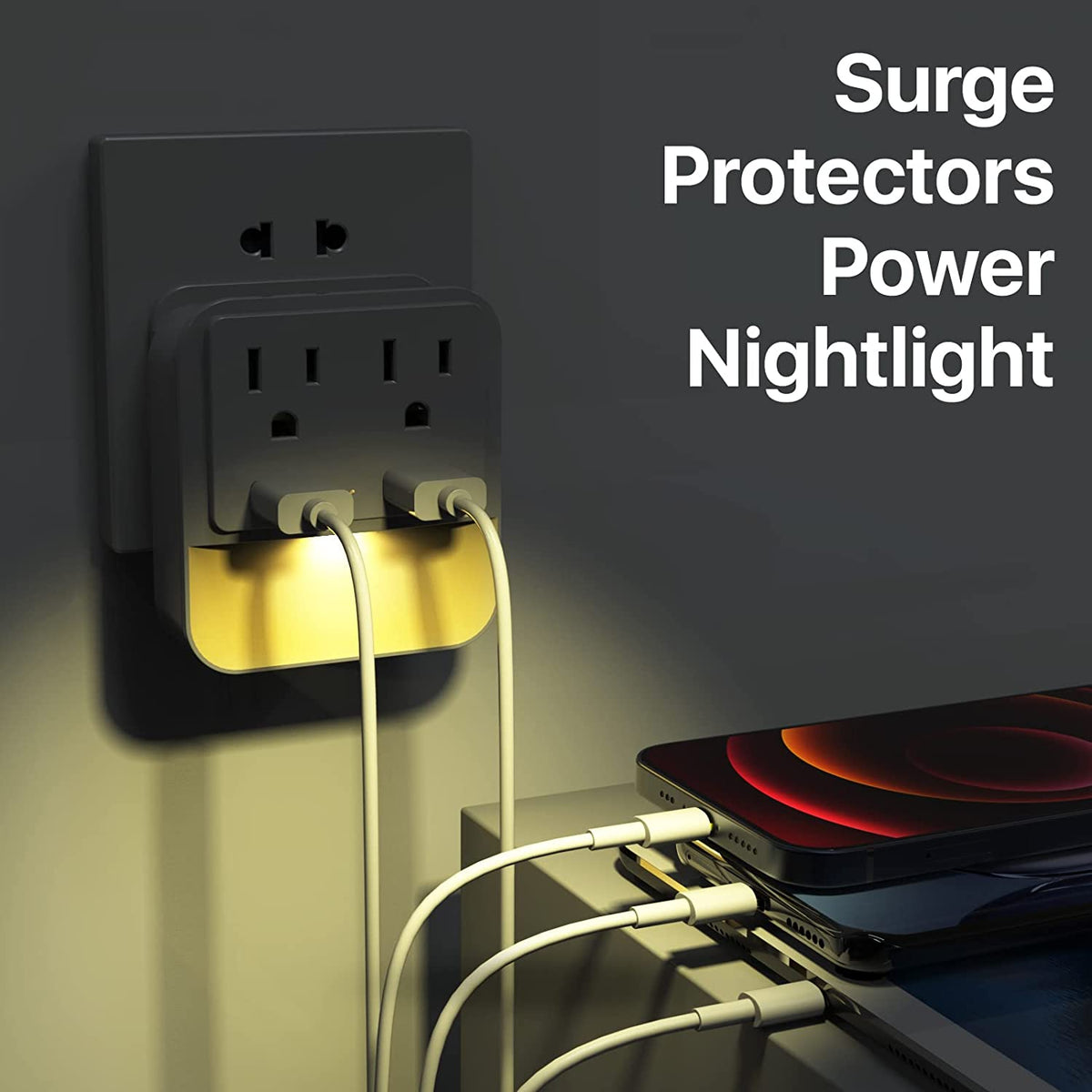 Multi-Plug Surge Protector Power Strip Wall Adapter - 2 Outlets with 2 USB Ports & Nightlight