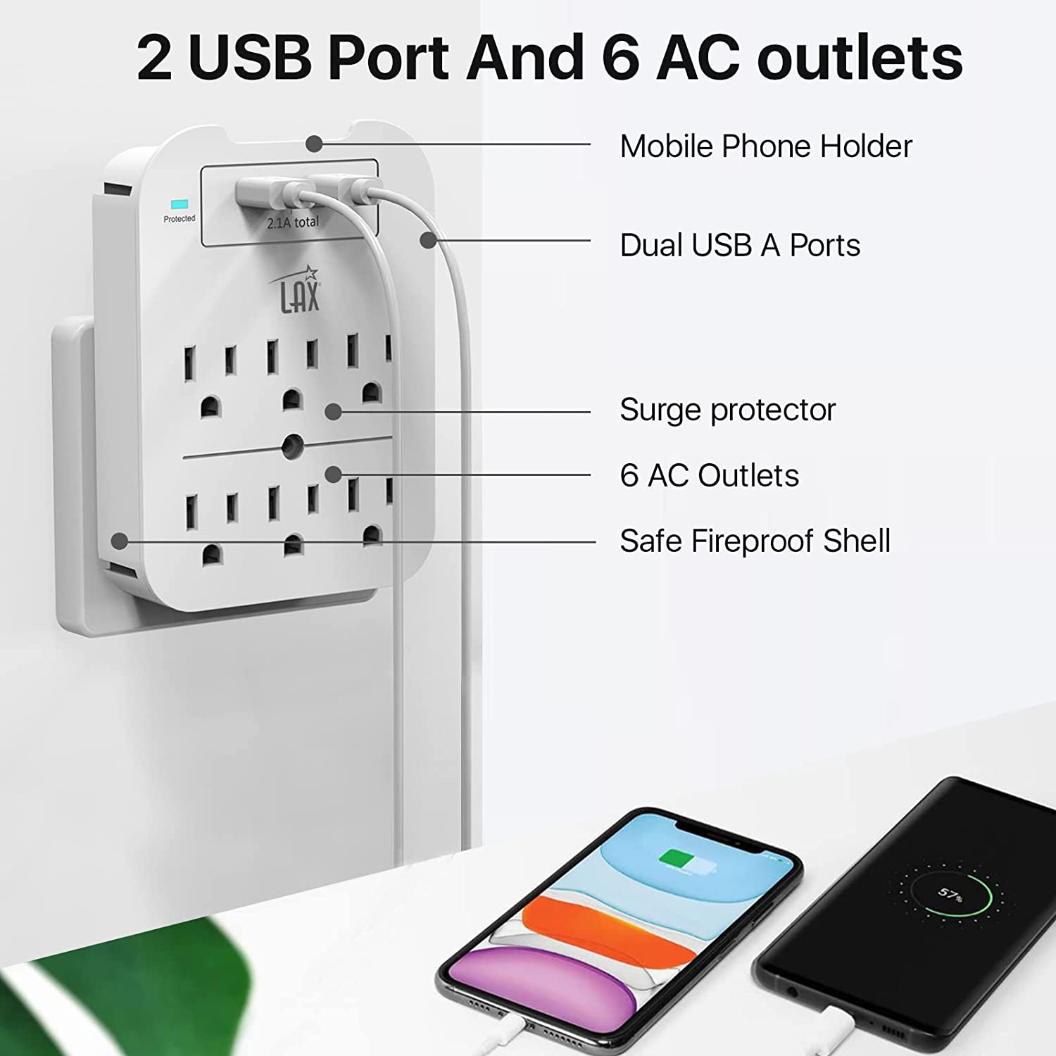 Multi-Plug Surge Protector with 6 Wall Outlets & 2 USB Ports