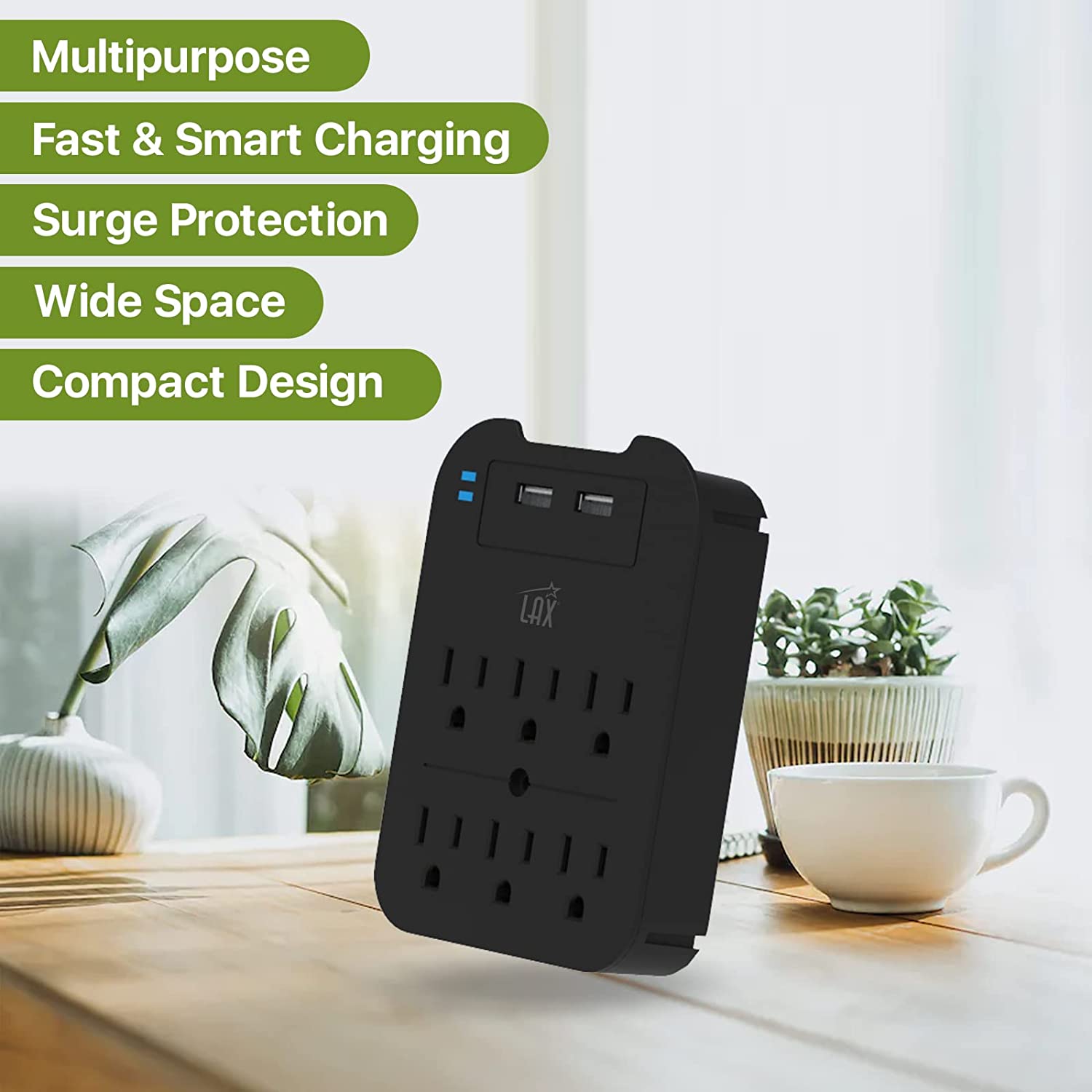 Multi-Plug Surge Protector with 6 Wall Outlets & 2 USB Ports