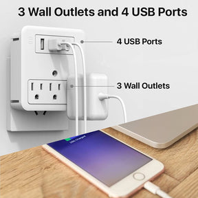 Multi-Plug Surge Protector Wall Adapter - 3 Wall outlets & 4 USB Ports