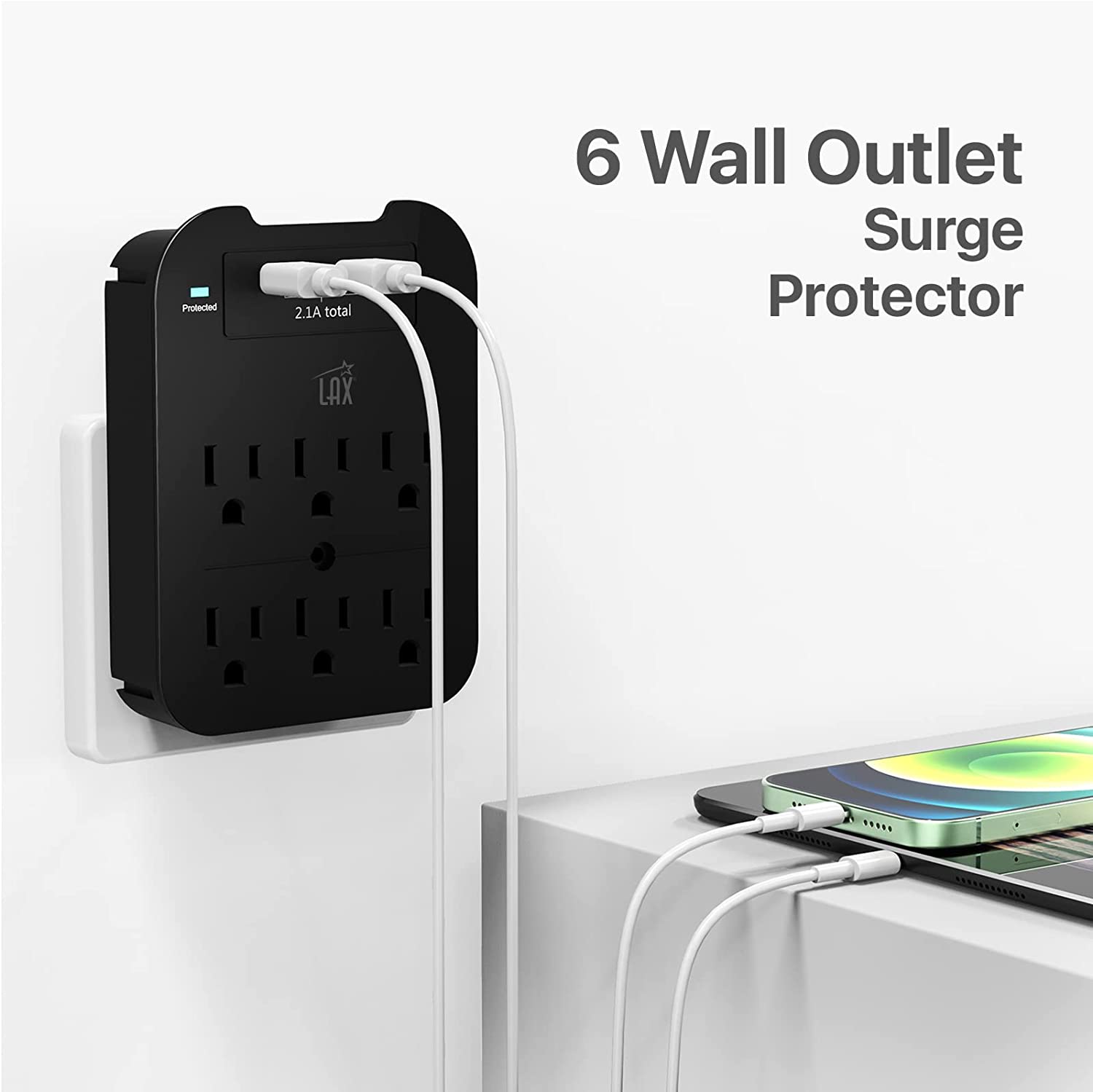 Multi-Plug Surge Protector with 6 Wall Outlets & 2 USB Ports