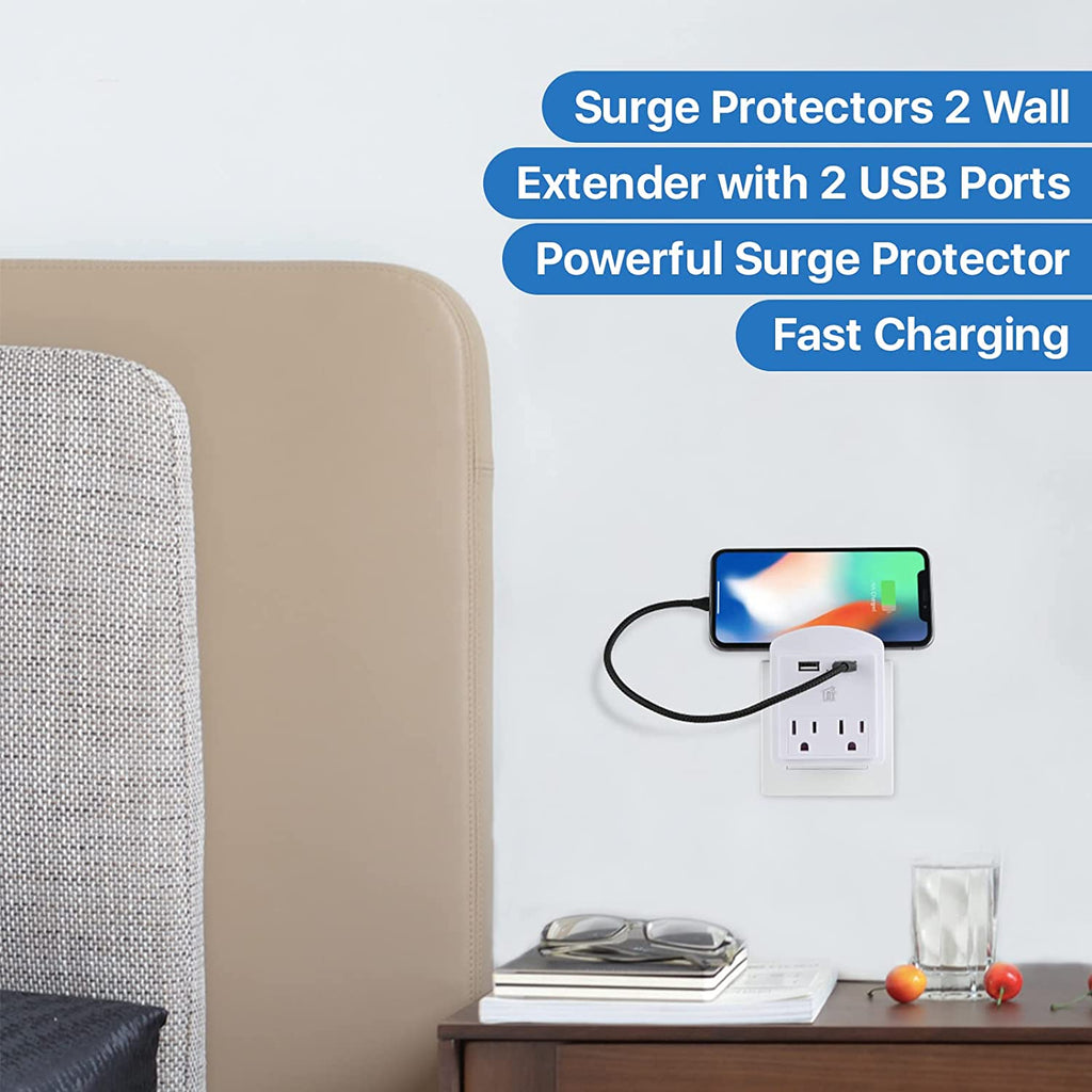 Multi-Plug Surge Protector with 2 Wall Outlet Extender & 2 USB Ports