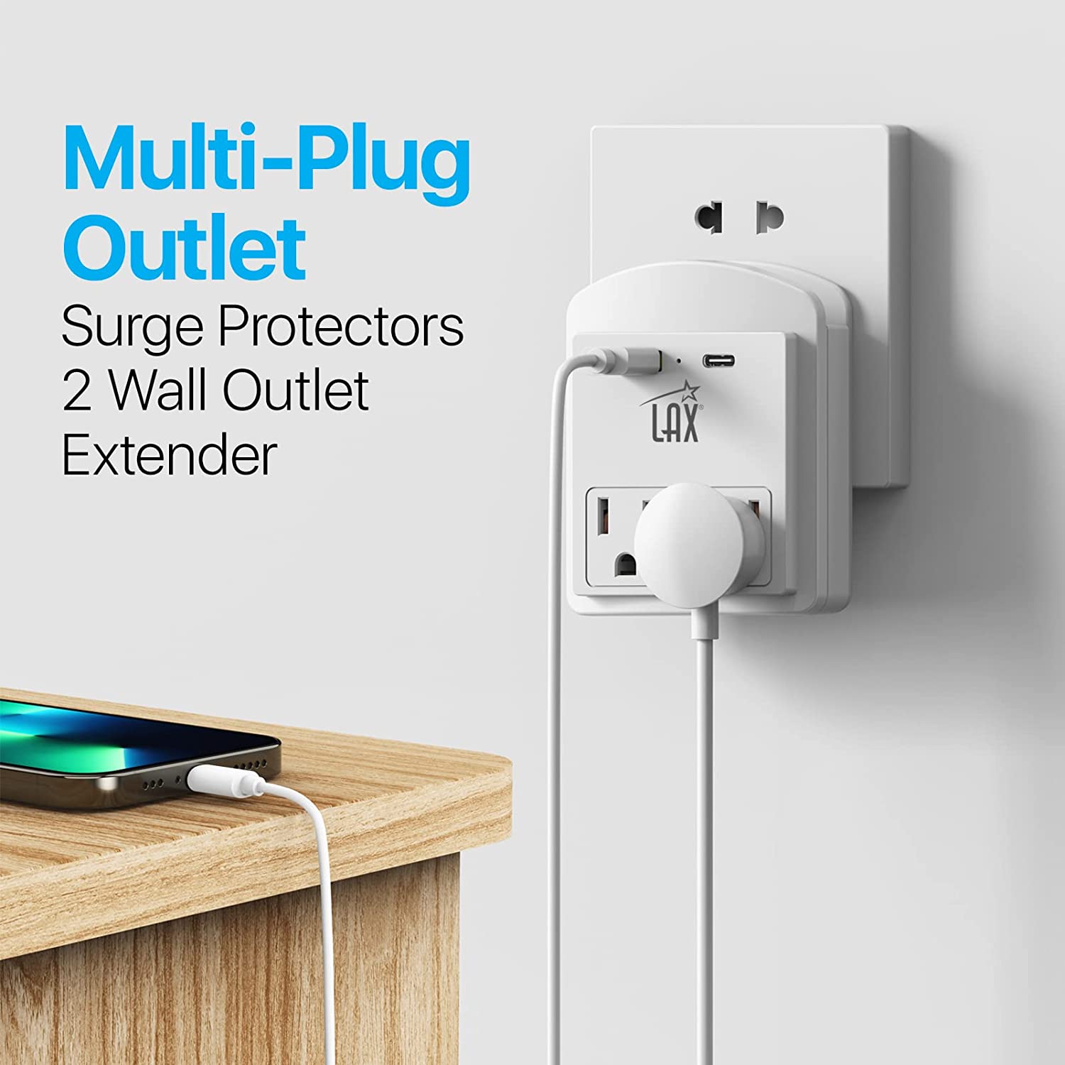 Multi-Plug Surge Protector 2/3 Wall Outlet Extender - USB-A & USB-C Port (White)