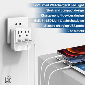Multi-Plug Surge Protector Power Strip Wall Adapter - 2 Outlets with 2 USB Ports & Nightlight
