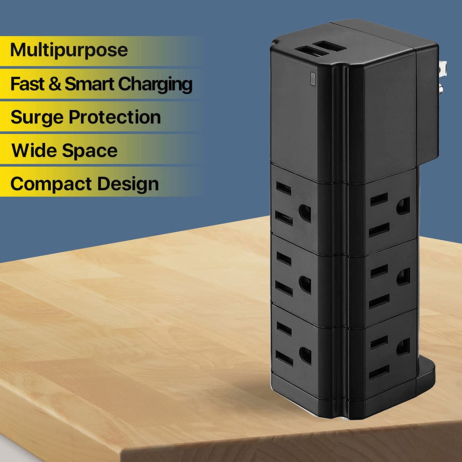 Multi-Plug Surge Protector Wall Adapter - 9 Outlets & 2 USB Ports