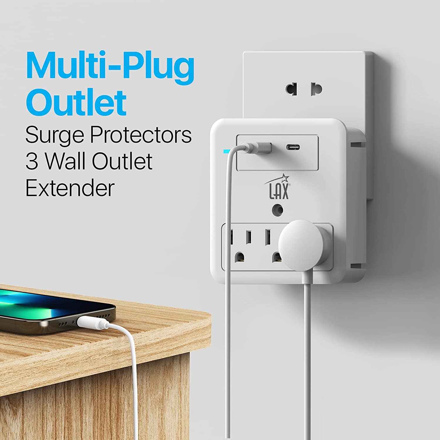 Multi-Plug Surge Protector 2/3 Wall Outlet Extender - USB-A & USB-C Port (White)