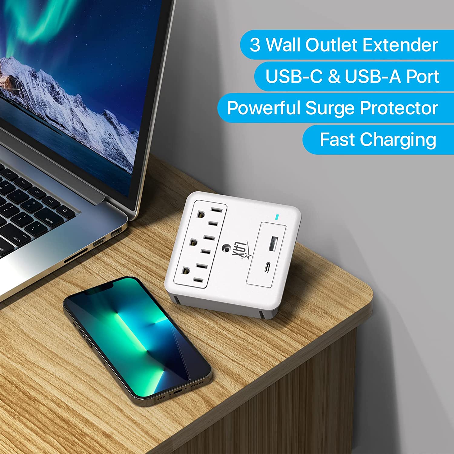 Multi-Plug Surge Protector 2/3 Wall Outlet Extender - USB-A & USB-C Port (White)