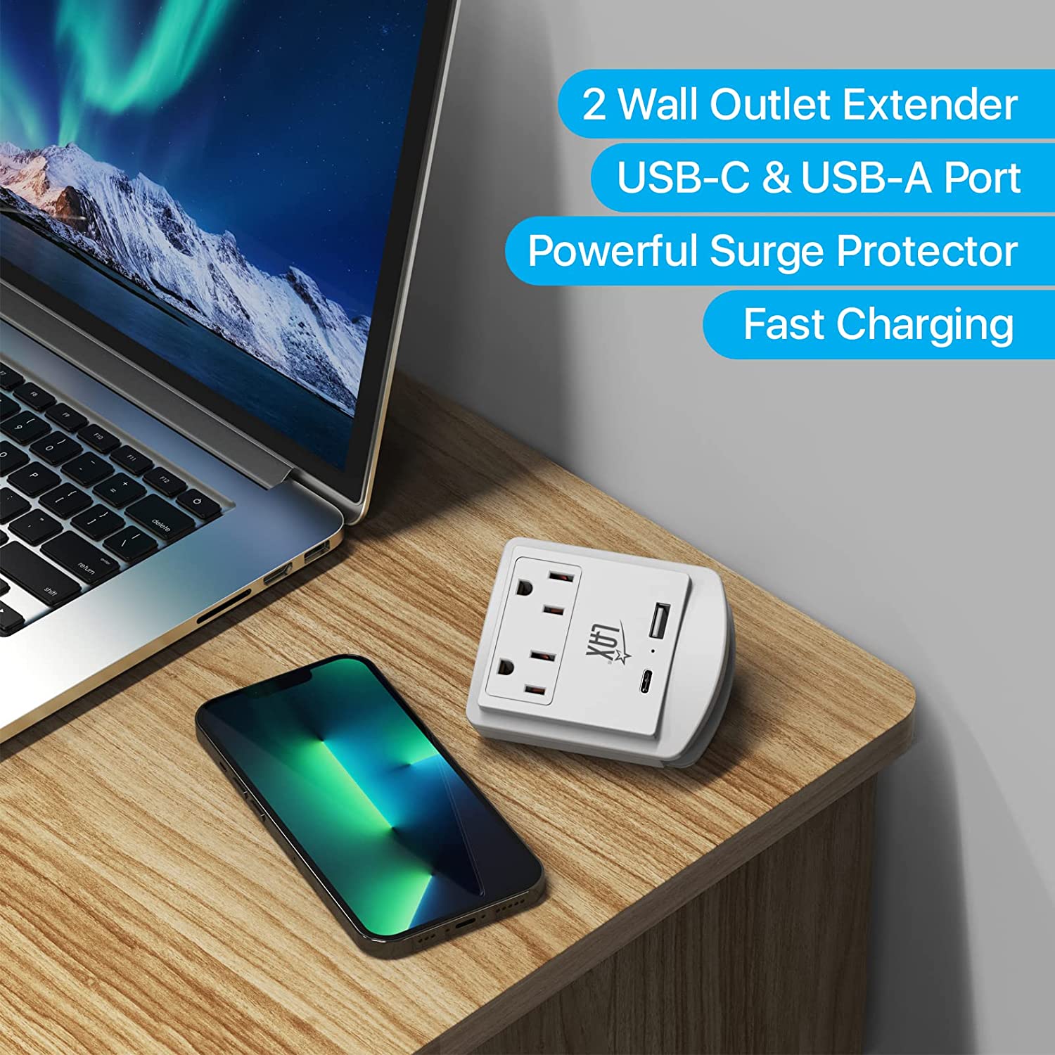 Multi-Plug Surge Protector 2/3 Wall Outlet Extender - USB-A & USB-C Port (White)