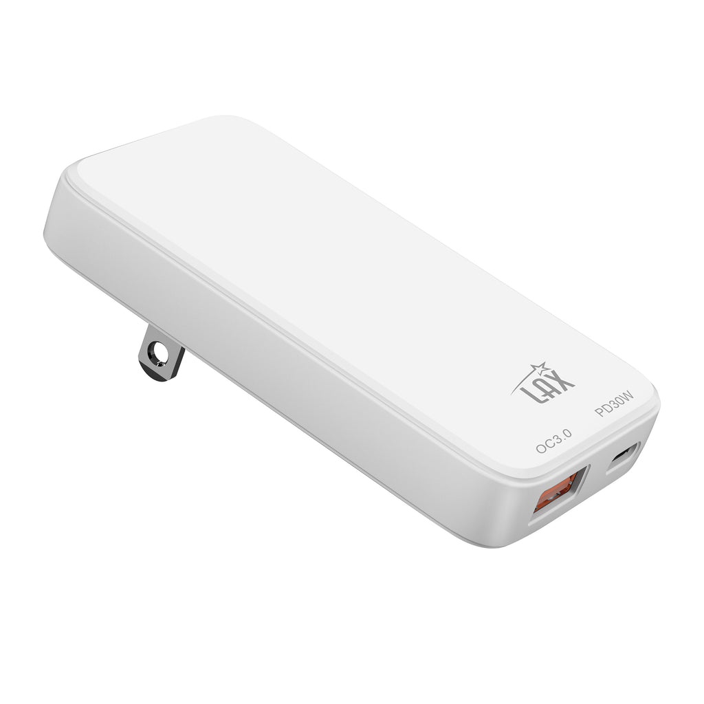 LAX USB C 30W Charger - Thin Flat Dual Port Fast Wall Charger - USB Port for iPhone 14/14 Pro/14 Pro Max, Galaxy, Pixel, iPad Pro, AirPods Pro (White)