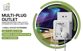 Multi-Plug Surge Protector 2/3 Wall Outlet Extender - USB-A & USB-C Port (White)