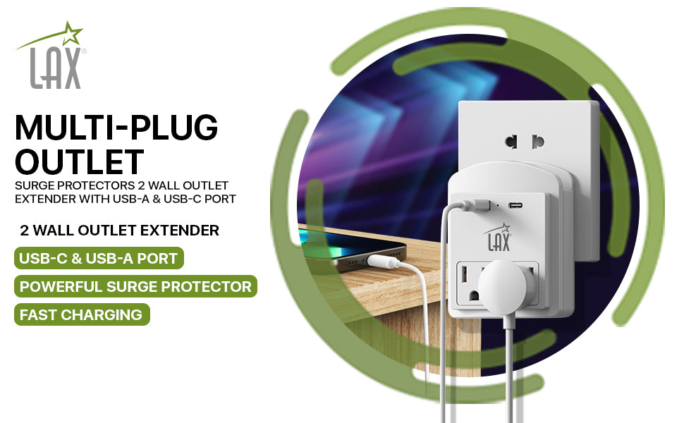 Multi-Plug Surge Protector 2/3 Wall Outlet Extender - USB-A & USB-C Port (White)