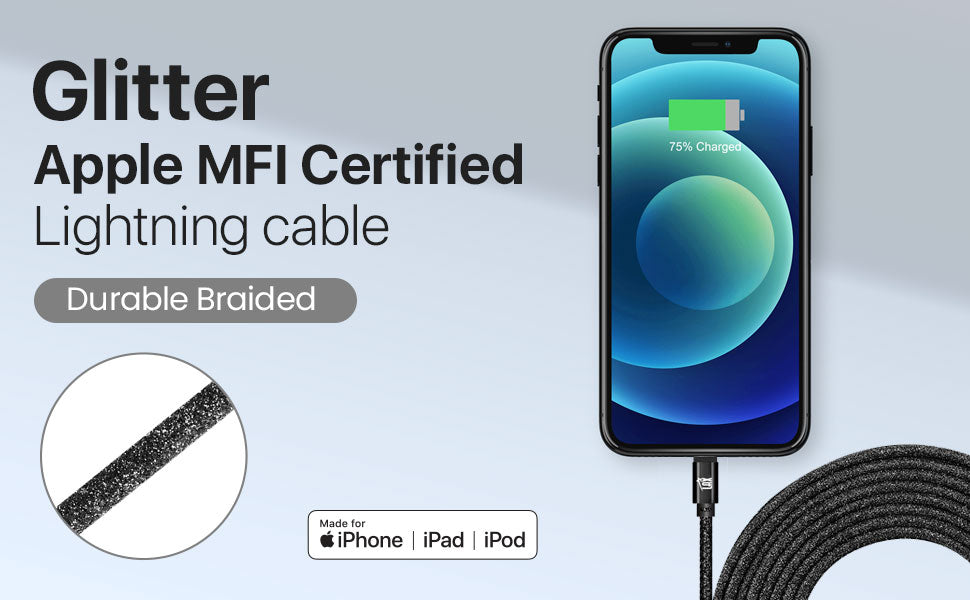 USB to Lightning Cable - Glitter Apple MFi Certified Nylon Braided Fast Charging Cable - High Data Sync