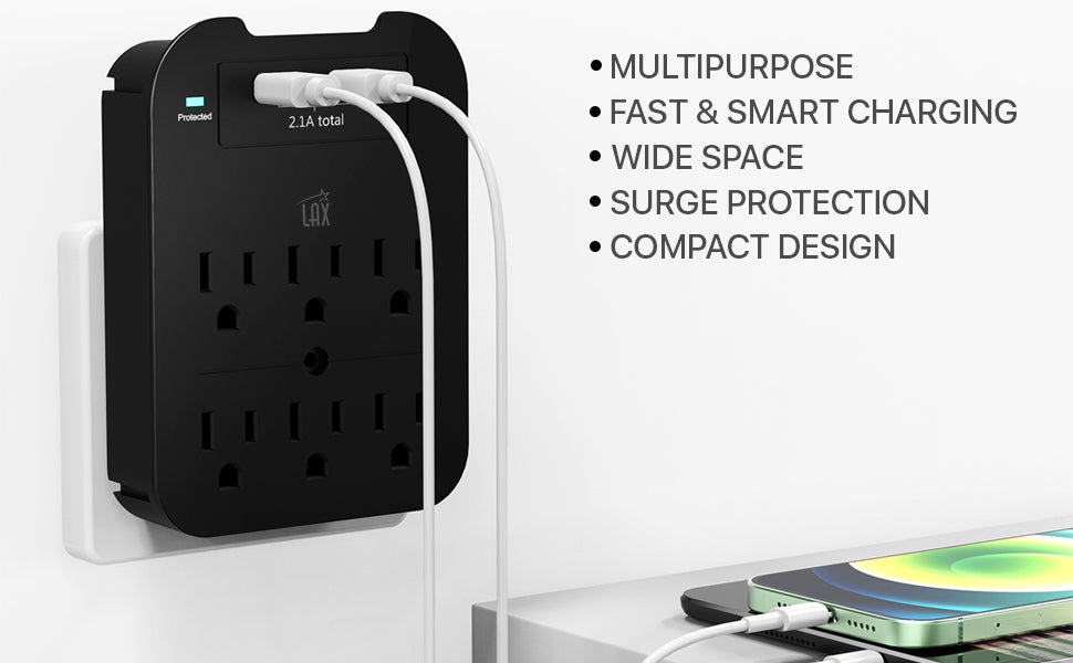 Multi-Plug Surge Protector with 6 Wall Outlets & 2 USB Ports