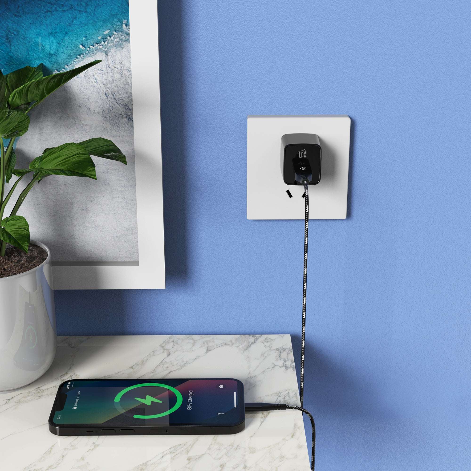 2.4A Dual USB Wall Charger with iPhone Compatible Cable (6ft)