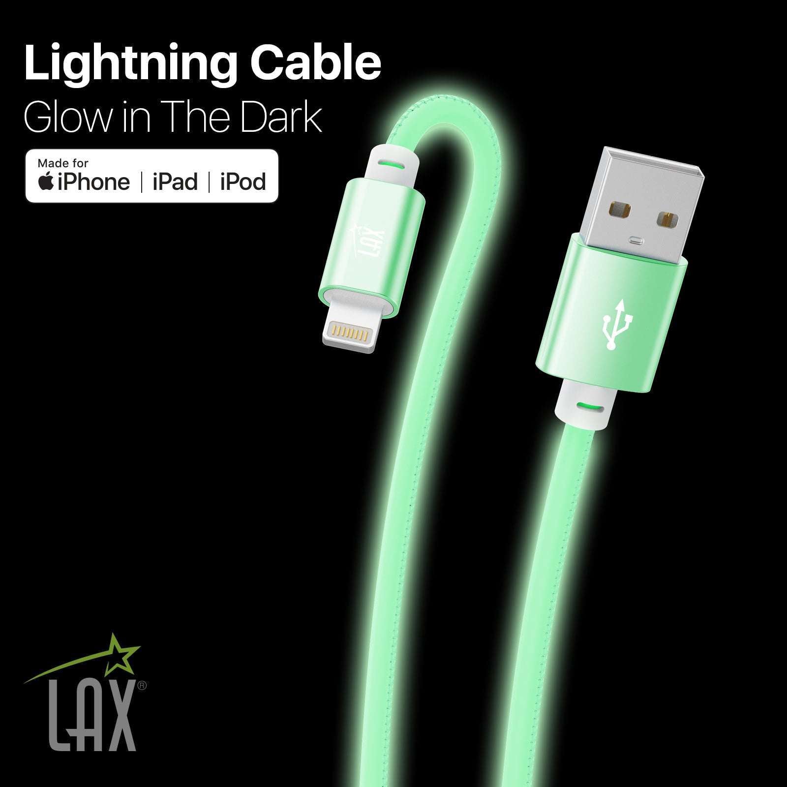 USB to iPhone Cable - Glow in the Dark Cable - Fast Charging Cable (10ft)